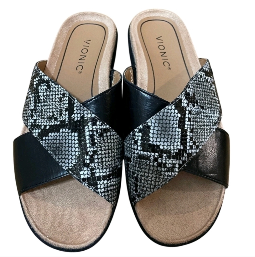 Vionic Women's  Hayden Black Snake Skin Leather Criss Cross Slide Sandal 8